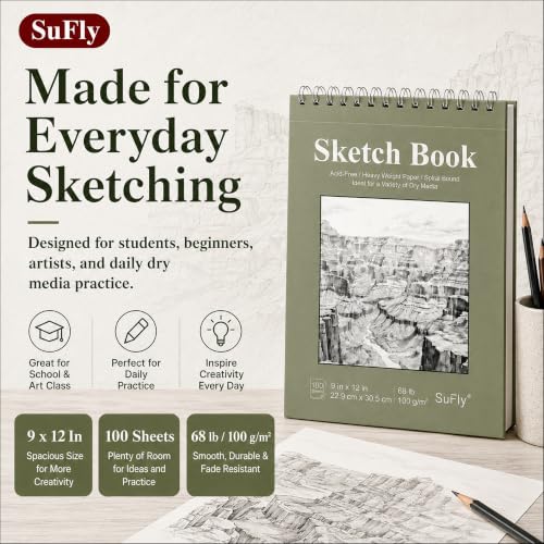 SuFly Sketch Book 9x12, 100-Sheet Drawing Paper Pad, 68lb/100gsm, Acid-Free
