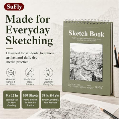 SuFly Sketch Book 9x12, 100-Sheet Drawing Paper Pad, 68lb/100gsm, Acid-Free