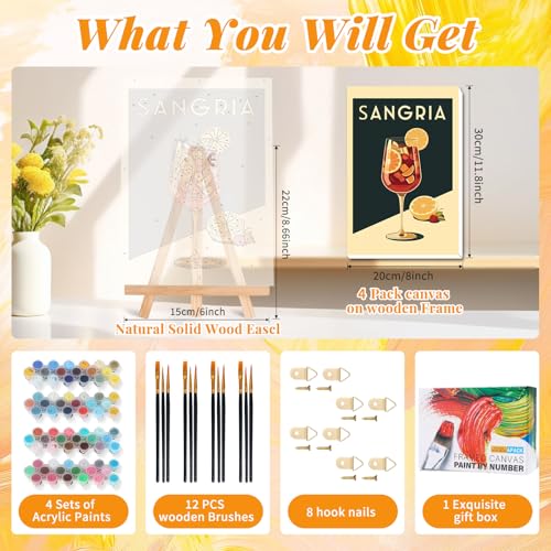 4 Pack Framed Paint by Numbers Kit for Adults, Retro Cocktail , 8 x 12 Inch - color: TRTDOP4F104