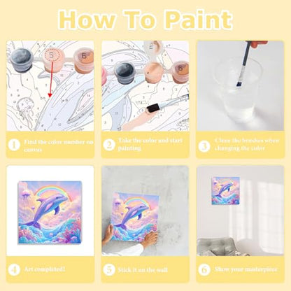 HITO Dolphin Paint by Numbers Kit for Kids with Frame Easel 8x8 inch - color: Dolphin