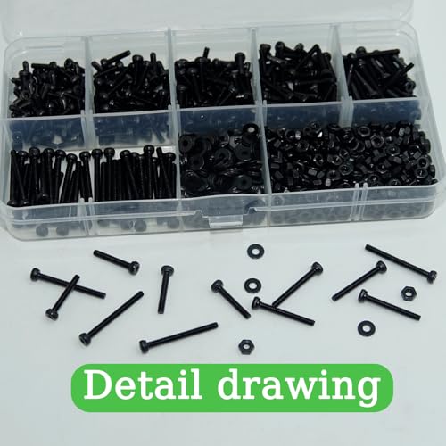 870Pcs M2x6/8/10/12/16/20mm Metric Screw Assortment Kit Assorted Bolts Nuts and Washers Kit Fully Threaded Assortment Kits Hex Socket Head Cap Screws Bolts Nuts Washers Set for Electronics,Machinery - size: M2x6/8/10/12/16/20-870Pcs