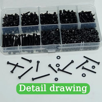 870Pcs M2x6/8/10/12/16/20mm Metric Screw Assortment Kit Assorted Bolts Nuts and Washers Kit Fully Threaded Assortment Kits Hex Socket Head Cap Screws Bolts Nuts Washers Set for Electronics,Machinery - size: M2x6/8/10/12/16/20-870Pcs