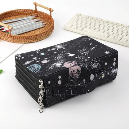 250 Slots Canvas Pencil Case 5-Layer Zipped Holder w/Handle - color: Galaxy Black, size: 250
