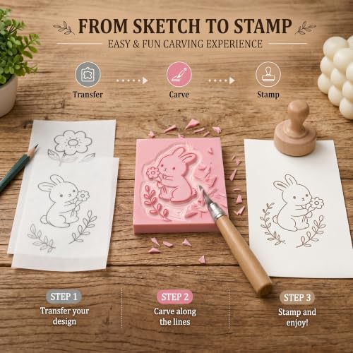7Pcs 4"×6" Linocut Printmaking Kit, 2 Rubber Carving Blocks with Tracing Papers & Blank Cards