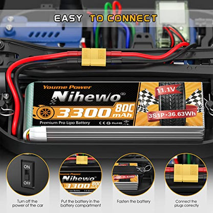 3S Lipo Battery XT60 11.1V 3300mAh 80C 2pcs for RC Truck Drone Boat