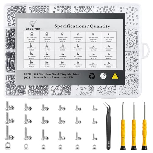 1020 Pcs Micro Screws Assortment Kit, M1-M2.5 Metric Machine Screws and Nuts, 304 Stainless Steel Phillips Pan Head Tiny Small Screws with Tools for Electronics,Arduino,RC Models,DIY Projects