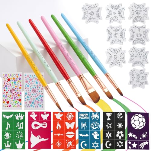 Face Painting Tool Set, 6 Type of Brushes, Stencils, Gems Included