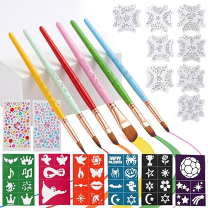 Face Painting Tool Set, 6 Type of Brushes, Stencils, Gems Included