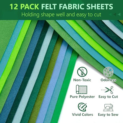 12 Rolls 8"x35" Large Stiff Felt Sheets, 1mm Felt Fabric Sheet for Crafts - color: Green Series