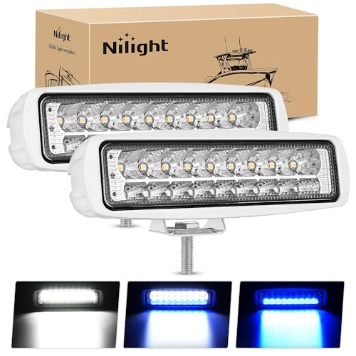 Nilight Marine LED Pods Navigation Lights 2PCS 54W Blue White Flood Beam Ponton Boat Deck Dock Lighting for Night Fishing T-top Stern Yacht Kayak Port Sailboat Trucks Tractors - color: White/Blue 2Pcs