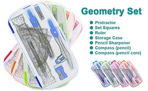 Akuoly Math Compasses Back-to-School Starter Geometry Kit with 2 Drafting Compasses Protractor Set Squares Ruler and More for Students Maths Study Homework, Blue Set with Carry Case