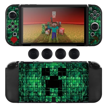 DLseego My World MC Protective Case for Switch OLED New Model, Dockable Soft Shell Cute Cover Case for Joycon Controller with 4PCS Thumb Grips Caps - Green OLED - color: Green OLED