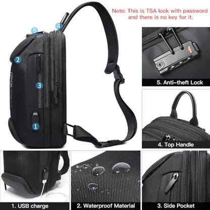 BANGE Men's Sling Backpack - Waterproof Crossbody Bag, Multi-Purpose Shoulder Bag - color: Black(no Logo)