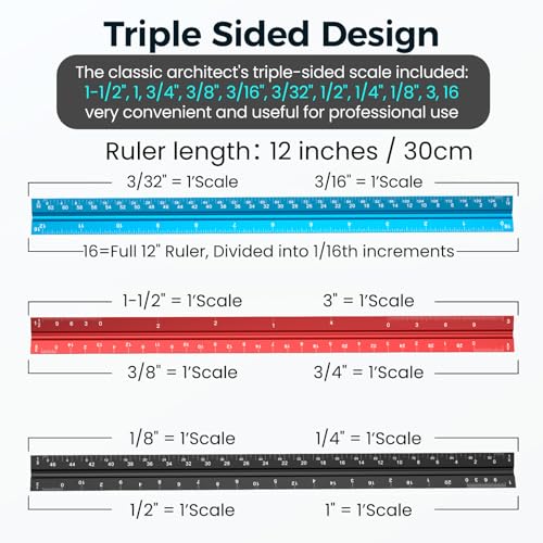 Rena Chris 2PCS Architectural Scale Ruler: 12" Imperial Aluminum Alloy Metal Architecture Measuring Tools, Engineering Drafting Construction Drawing Blueprints Triangular Architect Scaling Rulers - color: Blue+Black