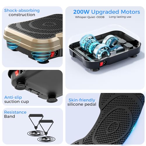 Vibration Plate Exercise Machine,Vibration Plate for Lymphatic Drainage Power Vibration Plate Machine Support 450 Lbs 250 Adjustable Speeds,Vibrating Plate Shake Plate Weight Loss - color: Gold