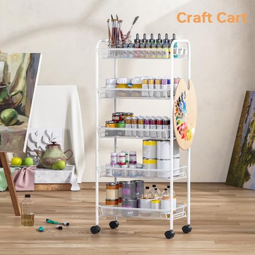 TOOLF 5 Tier Rolling Cart, Metal Utility Storage Cart with Wheels, White - color: White, size: 5-Tier