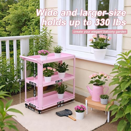 3 Tier Metal Utility Rolling Cart with Wheels, Pink - color: Pink