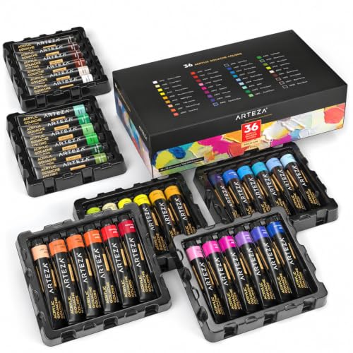ARTEZA Acrylic Gouache Paint Set, 36 Colors, 22 ml Tubes, Opaque Matte