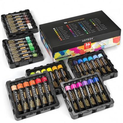 ARTEZA Acrylic Gouache Paint Set, 36 Colors, 22 ml Tubes, Opaque Matte
