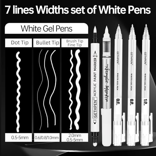 GETHPEN White Pens Set, White Gel Pens, Dual-Tip Acrylic Paint Pen, 7 Pack - color: White