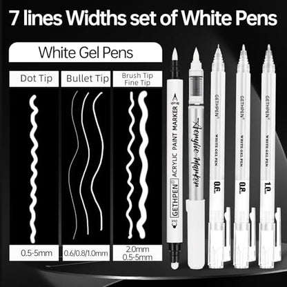 GETHPEN White Pens Set, White Gel Pens, Dual-Tip Acrylic Paint Pen, 7 Pack - color: White