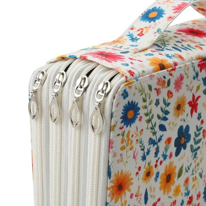 Canvas 300 Slots Pencil Case 4-Layer Zipped Holder w/Handle - color: Apricot Blossoms, size: 300