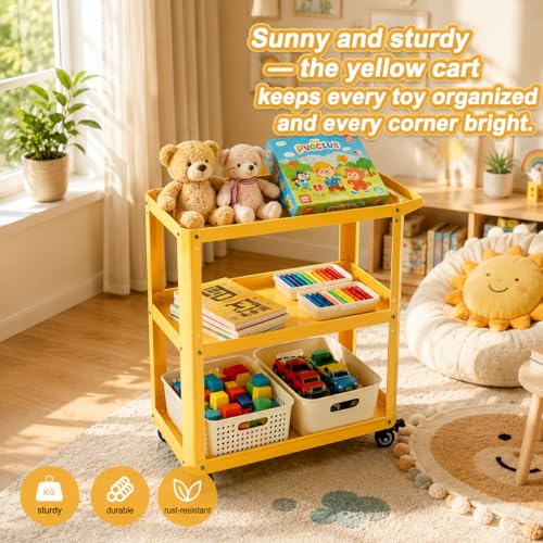 3 Tier Metal Utility Rolling Cart with Wheels, Yellow - color: Yellow