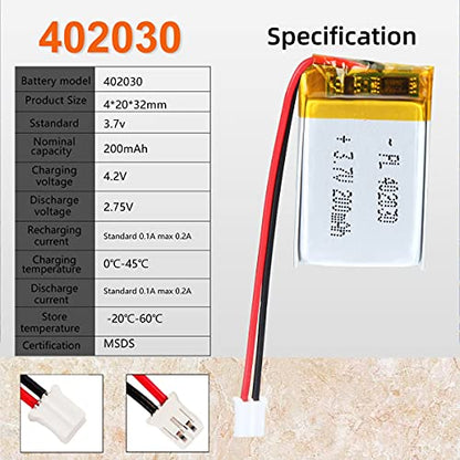 3.7V 180mAh 402030 LiPo Battery with JST PH2.0mm 2-Pin Connector - size: 1 Count (Pack of 1)