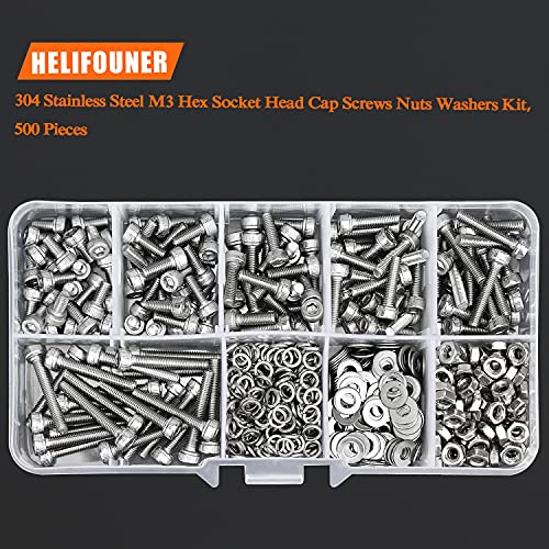 HELIFOUNER 500 Pieces M3 x 6mm /8mm /10mm /12mm /16mm /20mm, Hex Socket Head Cap Metric Screws Bolts Washers Nuts Kit, 304 Stainless Steel - size: M3