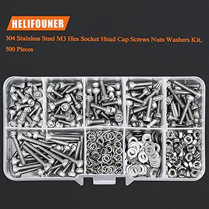 HELIFOUNER 500 Pieces M3 x 6mm /8mm /10mm /12mm /16mm /20mm, Hex Socket Head Cap Metric Screws Bolts Washers Nuts Kit, 304 Stainless Steel - size: M3