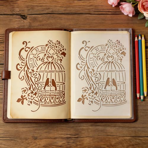 TIAMECH A4 Reusable Vintage Birdcage Clock Stencil for Painting - style: Birdcage Clock