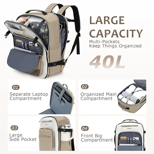 EMPSIGN 40L Travel Backpack for Women & Men - color: Beige/Khaki/Light Brown
