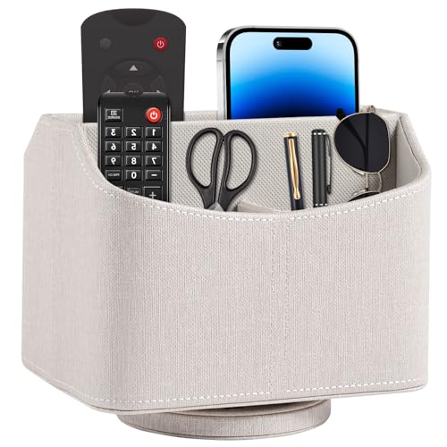 Leather Remote Control Holder 360 Degree Spinning,Desk Rotating Organizer/Caddy for TV Remote Controllers,Pen,Calculator Media Player,DVD,Office Supplies,Mobile Phone Storage Box (Beige) - color: Beige