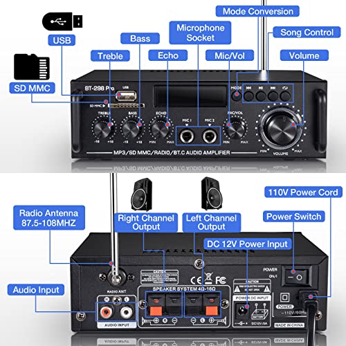 Facmogu BT-298 Pro Home Audio Amplifier, Bluetooth 5.0 800W Stereo Receiver - style: MAX 400Wx2