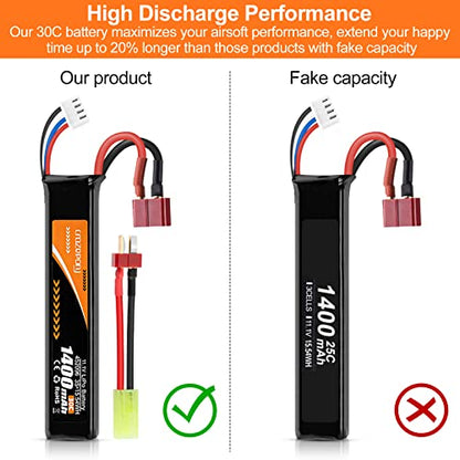 Airsoft Battery 11.1V 1400mAh 30C LiPo with T Plug to Mini Tamiya Cable