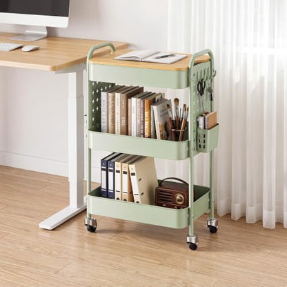 3 Tier Rolling Cart with Table top, Metal Utility Cart with DIY Pegboard - color: Green With Pegboard