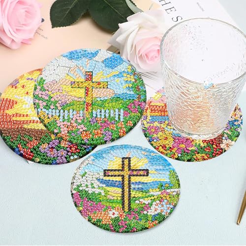 HHMATITS 8 Pcs Christ Cross Diamond Art Coasters 4X4 Inch - color: Cross