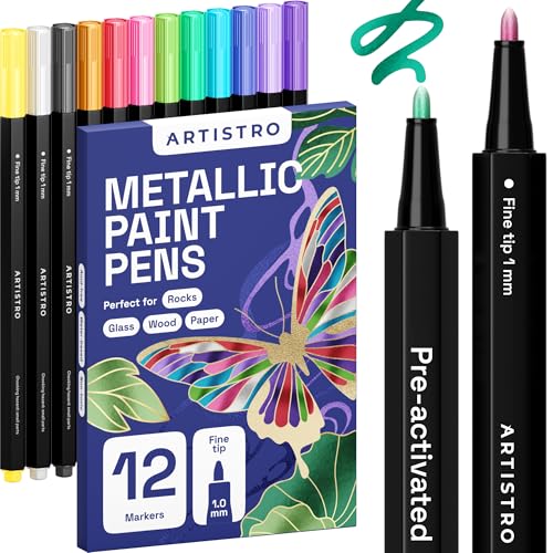 ARTISTRO 12 Metallic Paint Pens for Glass Marking - Extra-Fine Tip - color: Metallic
