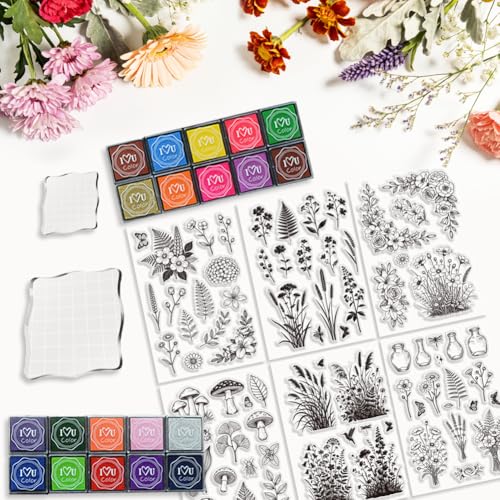 6Pcs Wildflower Clear Stamps for Card Making, 20 Ink Pad - style: 29Pcs Wildflower Clear Stamps