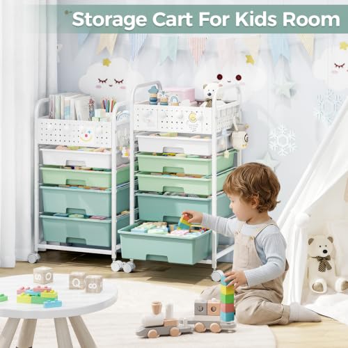 4 Drawer Rolling Storage Cart with Pegboard Top and Hooks, Gradient Green - color: Gradient Green, size: 4-Drawers