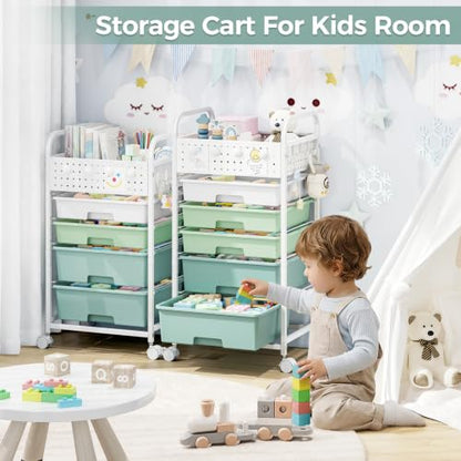 5 Drawer Rolling Storage Cart with Pegboard Top and Hooks, Gradient Green - color: Gradient Green, size: 5-Drawers