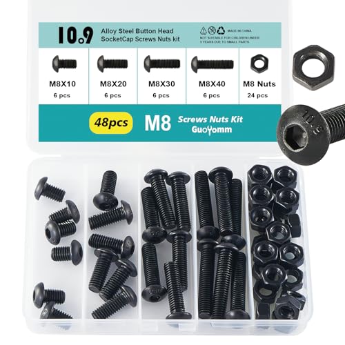 M8 x 10mm 20mm 30mm 40mm Button Head Socket Cap Screws Bolts and Nuts, 10.9 Grade Alloy Steel, Black Oxide Finish, Metric Allen Hex Drive, Fully Thread, Assortment Kit 48PCS - size: Button M8x10-40mm+Nuts