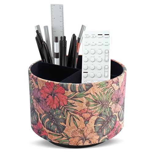 Round Leather Art Supply Organizer,Remote Control Holder,360 Degree Spinning,Multi-Functional Pencil Holder,4 Compartments Desktop Stationary Organizer(1-Wood Leather Banana) - color: 1-Wood Leather Banana