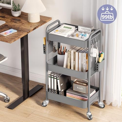 TOOLF 3 Tier Rolling Cart, Metal Utility Storage Cart with Pegboard, Grey - color: Gray, size: 3-Tier