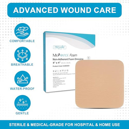 MedVance Waterproof Non-Adhesive Foam Dressing w/o Border, 4"x4", Box of 5 - size: 4"x4" Standard 5 Pack