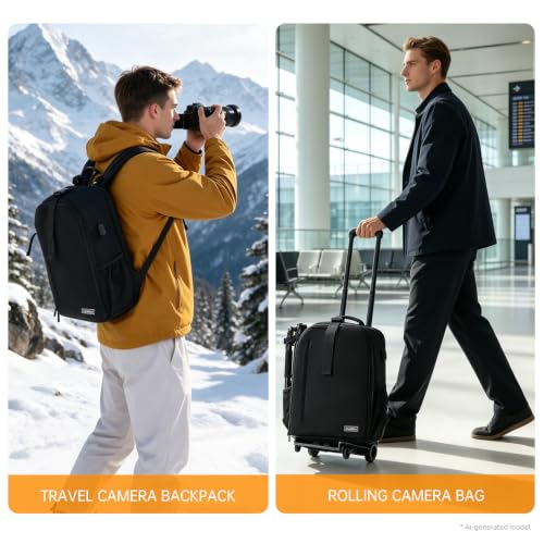 Cwatcun Camera Trolley Bag, Rolling DSLR Case with Removable Cart - color: Black, size: 5.0 Large