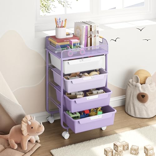SYKIARIOL 4-Drawer Rolling Storage Cart with Mesh Top,Purple - color: Purple