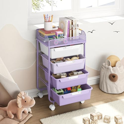 SYKIARIOL 4-Drawer Rolling Storage Cart with Mesh Top,Purple - color: Purple