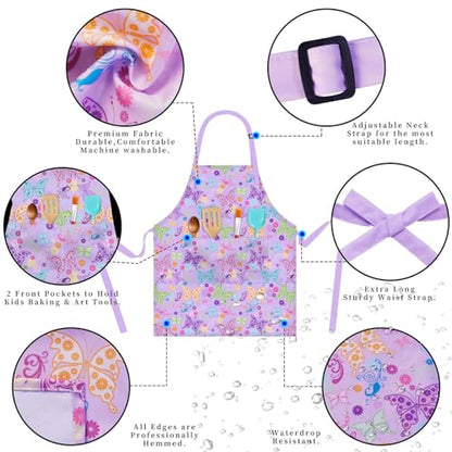 Kids Aprons for Cooking, Toddler Apron for Girls with Pockets Apron for Kid - color: Purple Butterfly