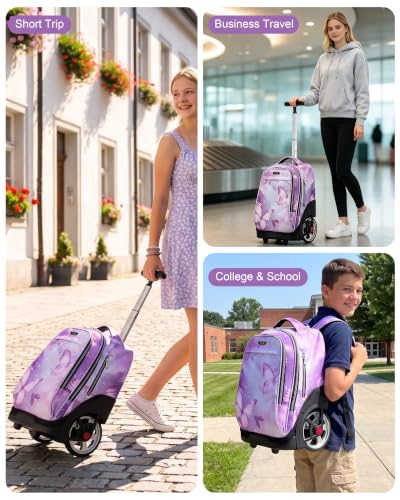NEW TILAMI 19 Inch Rolling Backpack for School Stair-Climbing Big Wheel - color: Purple Butterfly